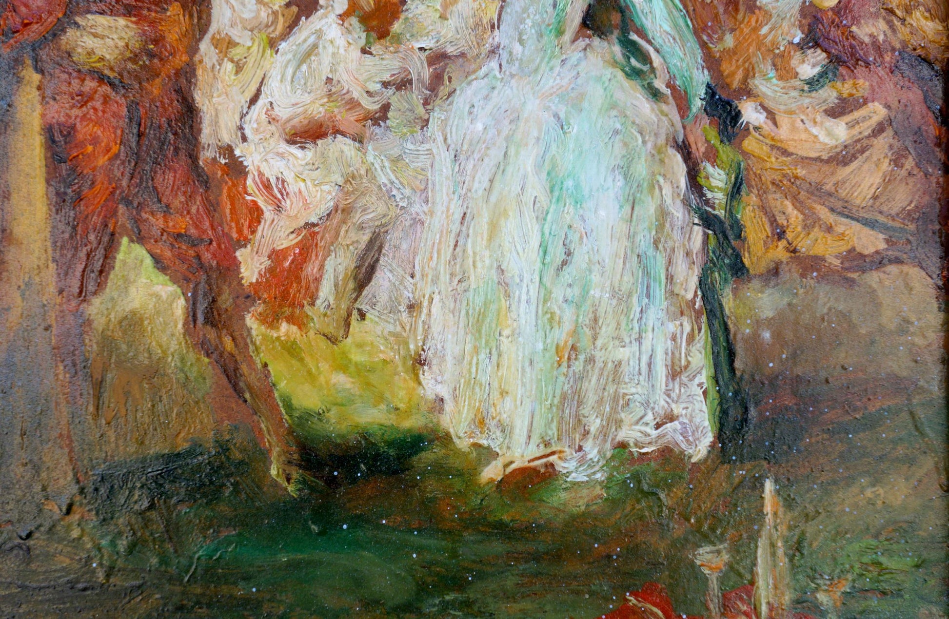 Impressionistic oil painting of noble people meeting in flowing white gown
