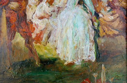 Impressionistic oil painting of noble people meeting in flowing white gown