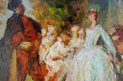 Oil painting of noble people meeting in light green white gown