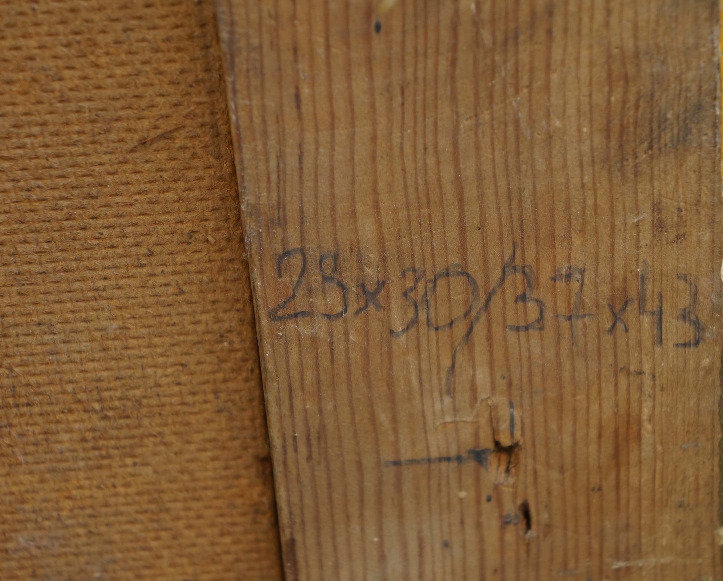 Back of Oil painting Meeting of noble people on worn wooden stretcher bar with handwritten dimensions