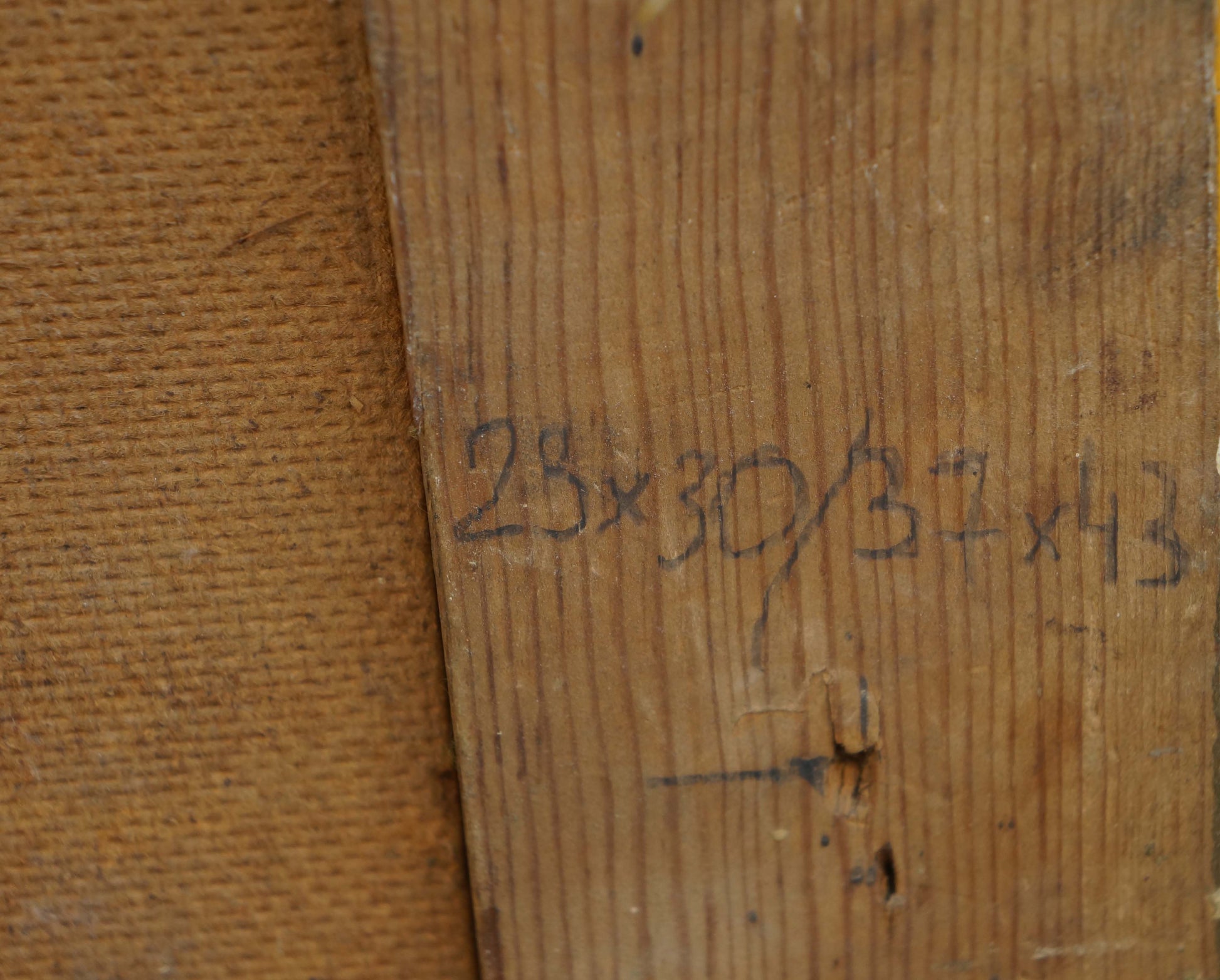 Back of Oil painting Meeting of noble people on worn wooden stretcher bar with handwritten dimensions
