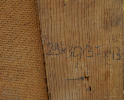 Back of Oil painting Meeting of noble people on worn wooden stretcher bar with handwritten dimensions