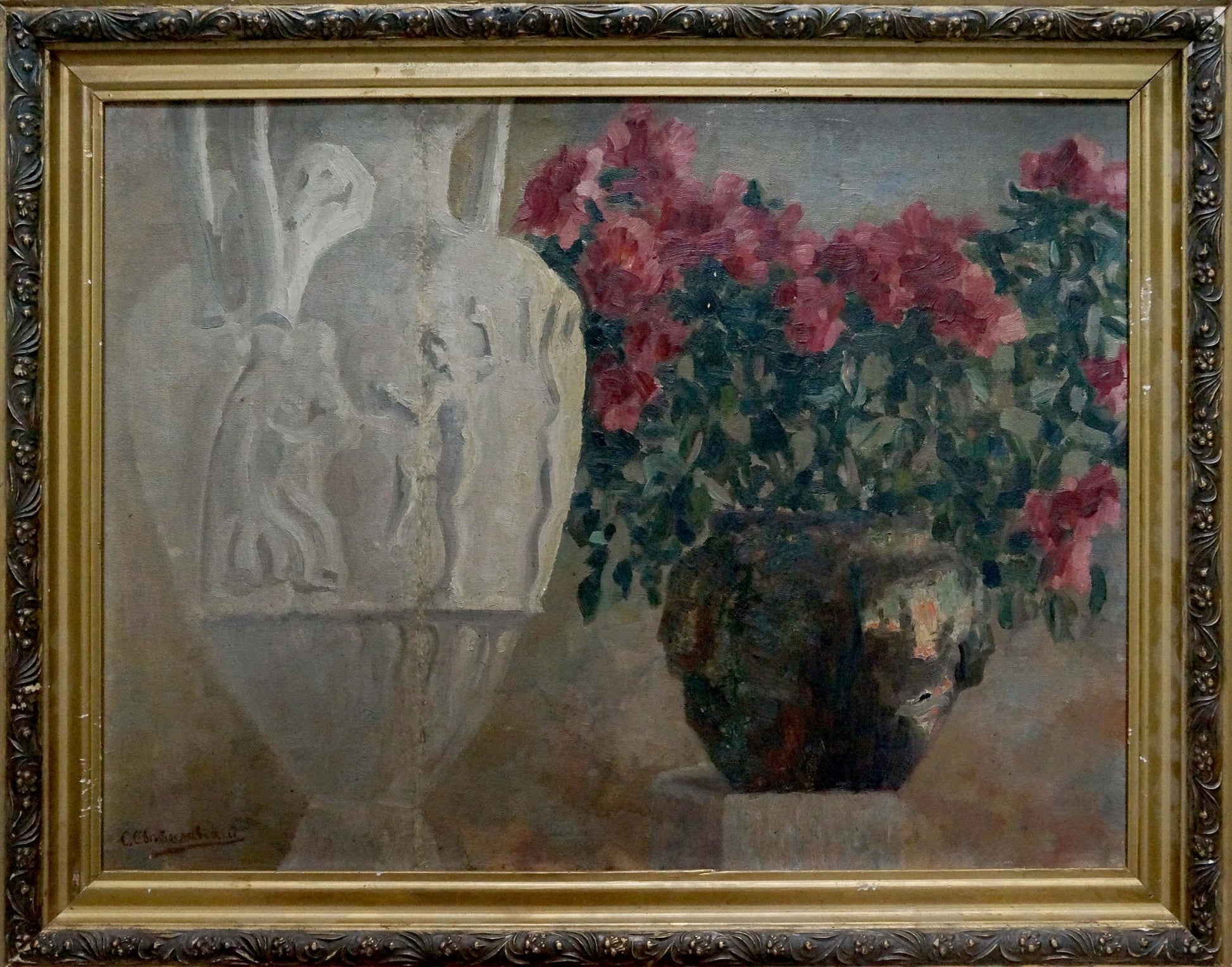 Oil painting by Sergei Ivanovich Svetoslavsky: urn and pink roses