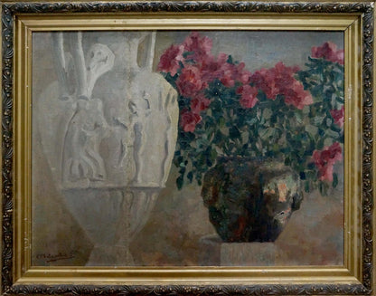 Oil painting by Sergei Ivanovich Svetoslavsky: urn and pink roses