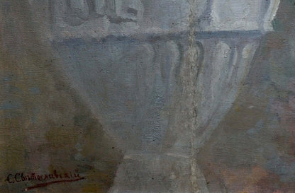 Painted ceramic vase in muted gray fluted classical design by Sergei Ivanovich Svetoslavsky