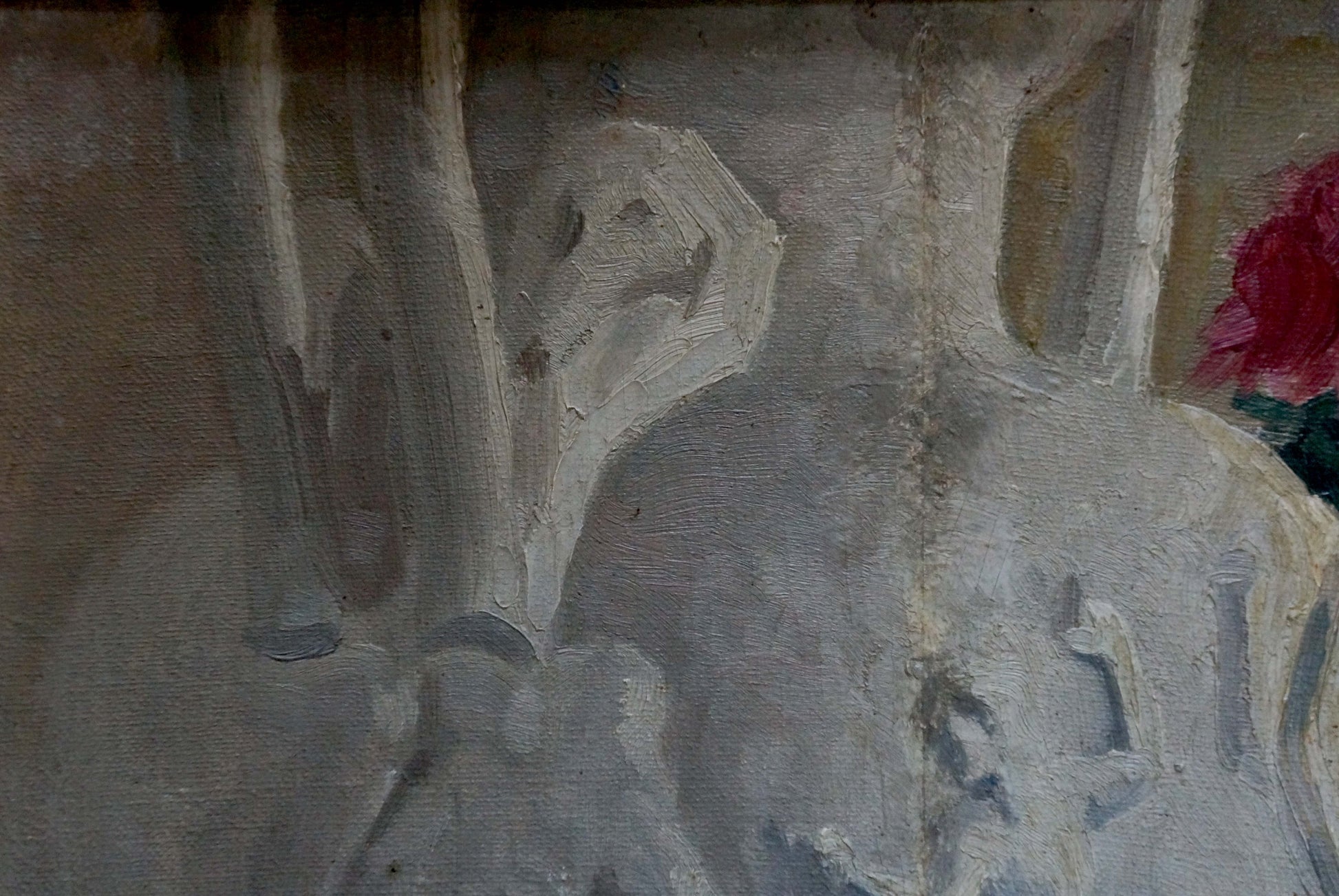 Textured grayish-white oil painting of flowers by Sergei Ivanovich Svetoslavsky