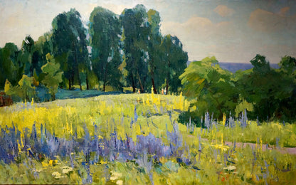 Vibrant impressionist oil painting by Khitrova Tamara Alexandrovna of sunlit wildflower meadow