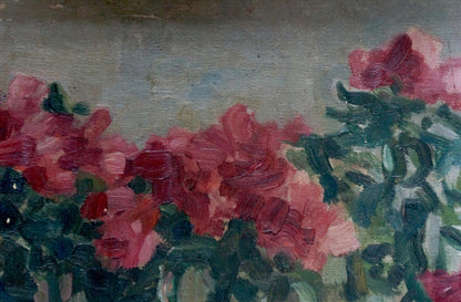 Vibrant impressionist oil painting of pink blossoms by Sergei Ivanovich Svetoslavsky