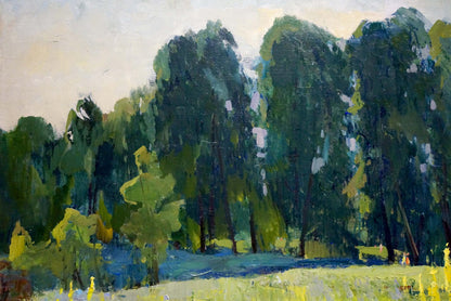 Vibrant impressionist oil painting by Khitrova Tamara Alexandrovna of lush forest landscape