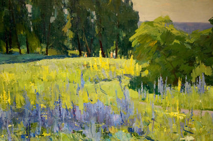Vibrant oil painting by Khitrova Tamara Alexandrovna of sunlit wildflower meadow