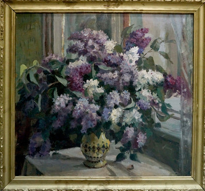 Oil painting Lilac by Alexander Khorov: vibrant lilacs in yellow vase