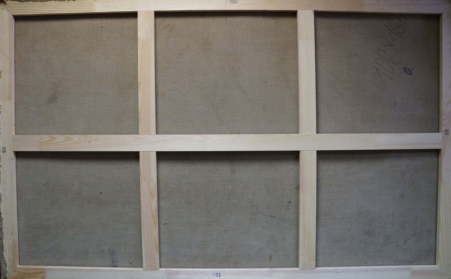 Back of Khitrova Tamara Alexandrovna oil painting: light wood frame, gray fabric panels