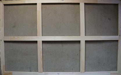 Back of Khitrova Tamara Alexandrovna oil painting: light wood frame, gray fabric panels
