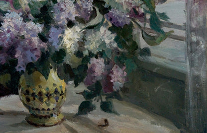 Oil painting Lilac by Alexander Khorov: yellow vase with lilac flowers