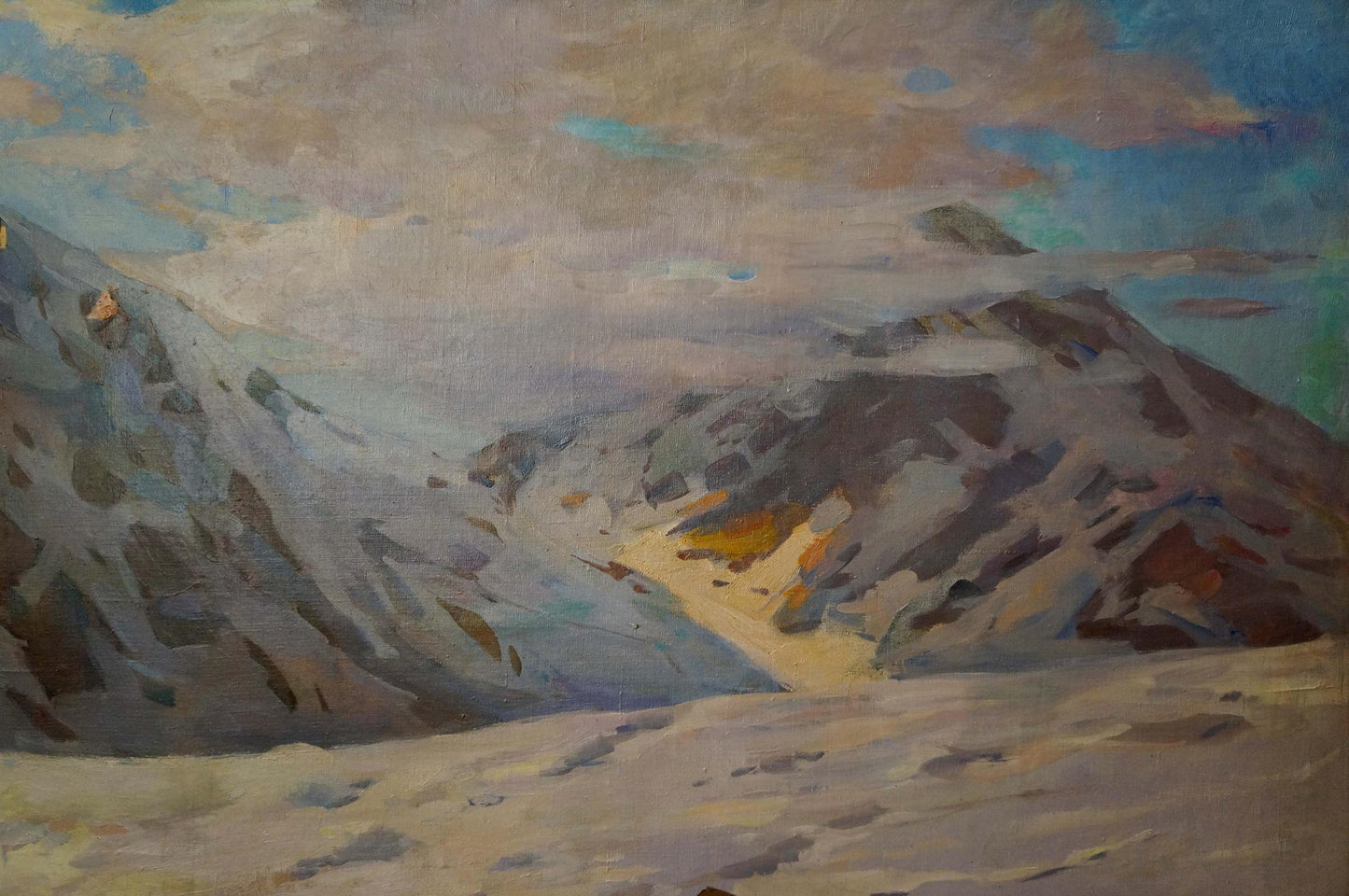 Oil painting by Sevets Victor Stepanovich: snow-capped mountains under cloudy sky