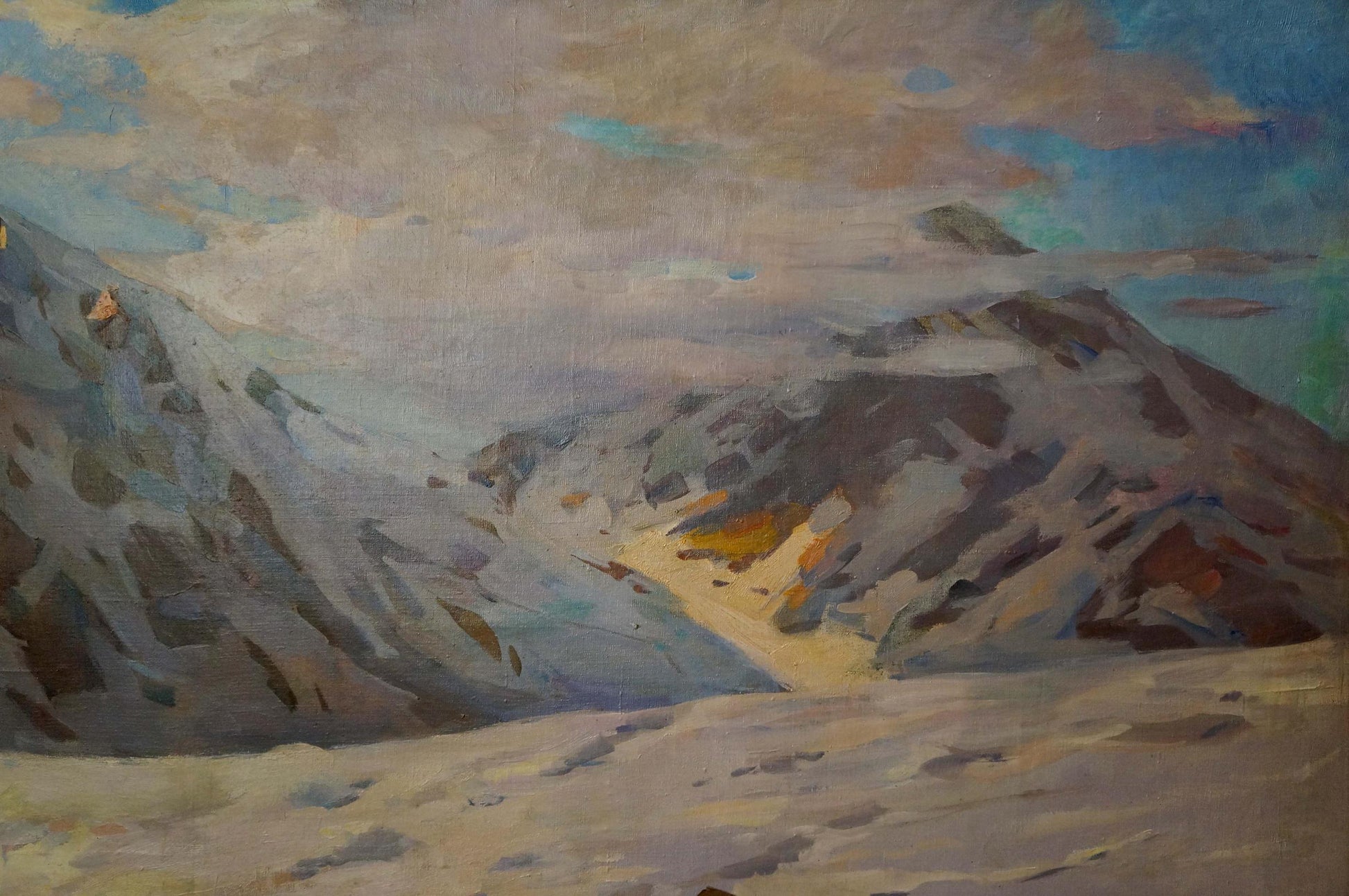 Oil painting by Sevets Victor Stepanovich: snow-capped mountains under cloudy sky