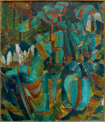 Abstract oil painting Two by Dudchenko Nikolay Yakovlevich in teal, green, ochre