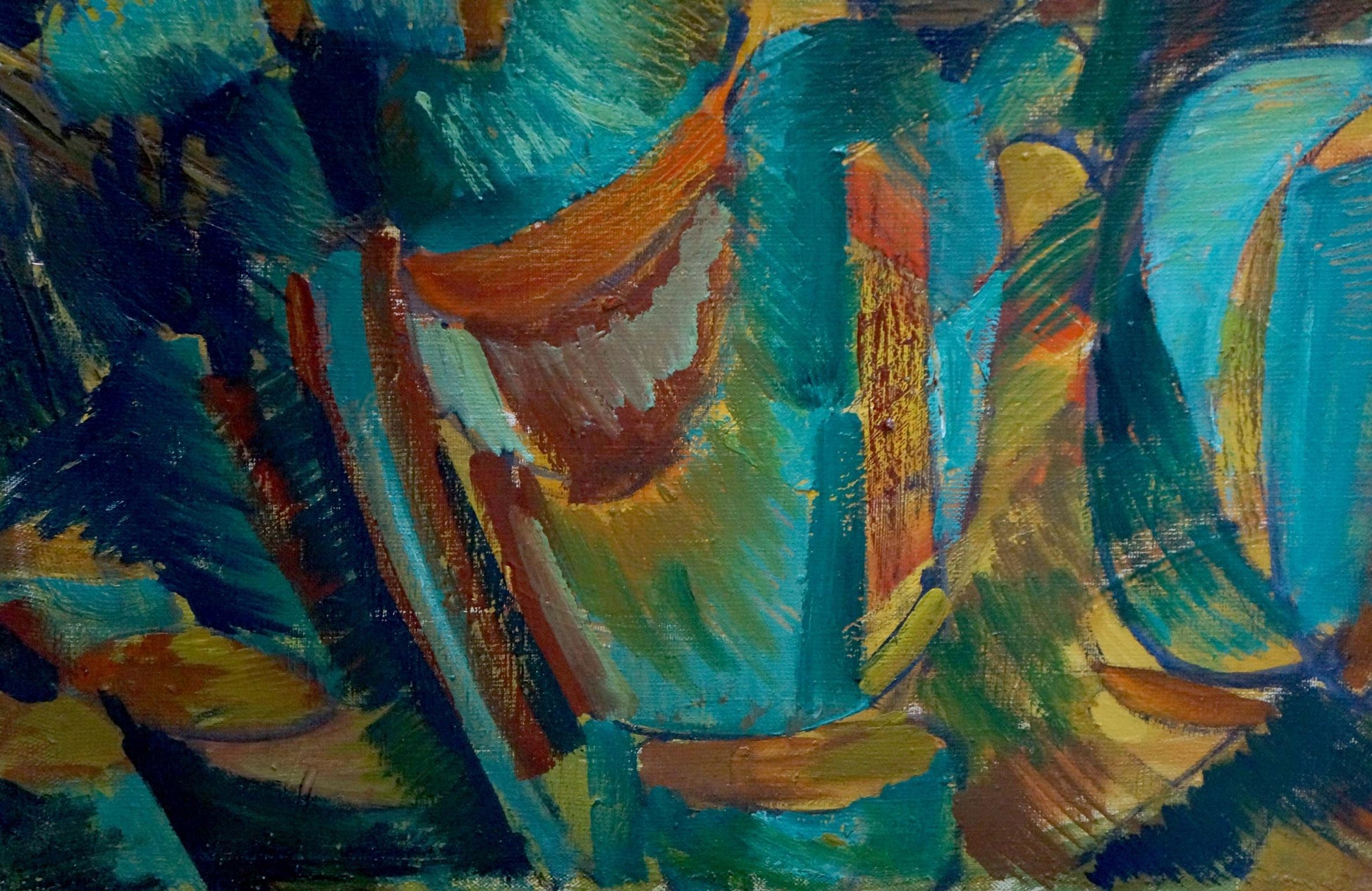 Abstract oil painting Two by Dudchenko Nikolay Yakovlevich in teal, orange, yellow