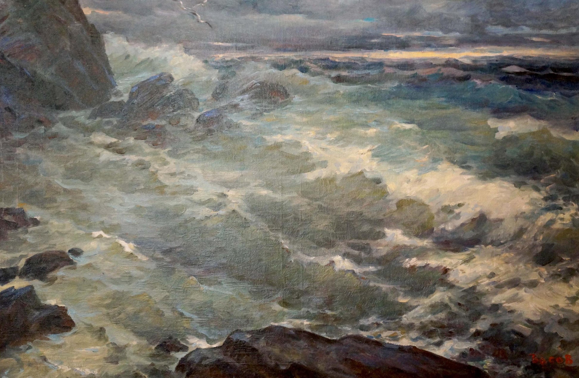 Oil painting by Storm Basov Yakov Alexandrovich: stormy waves crashing on rocks