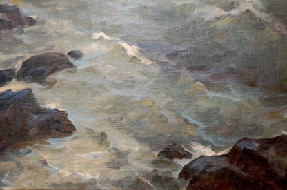 Oil painting Storm by Basov Yakov Alexandrovich: turbulent waves on rocks