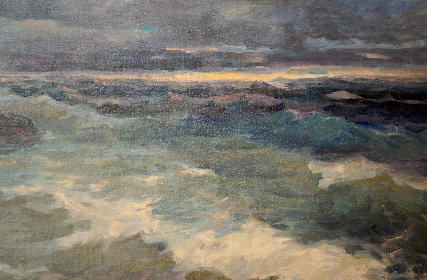 Storm Basov oil painting of stormy ocean waves in textured blues