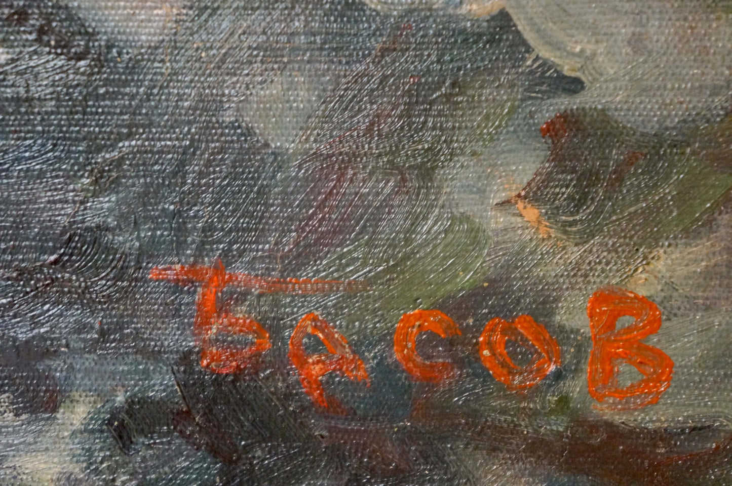 Oil painting Storm by Basov Yakov Alexandrovich with orange Cyrillic signature on textured dark gray green surface