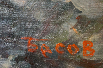 Oil painting Storm by Basov Yakov Alexandrovich with orange Cyrillic signature on textured dark gray green surface