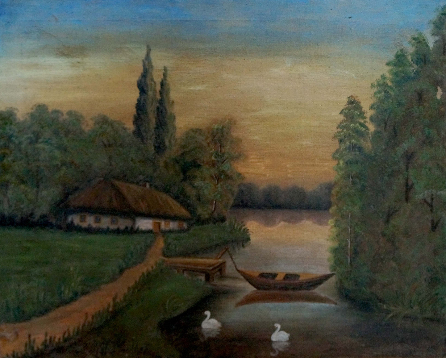 Serene oil painting of rustic cottage by river with swans, unknown artist