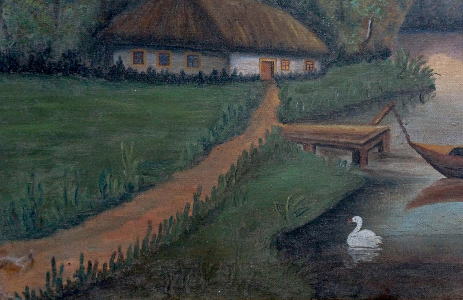 Oil painting of serene white cottage by river with swan, unknown artist
