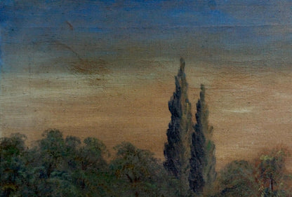 Impressionistic oil painting of tall dark cypress trees against gradient sky