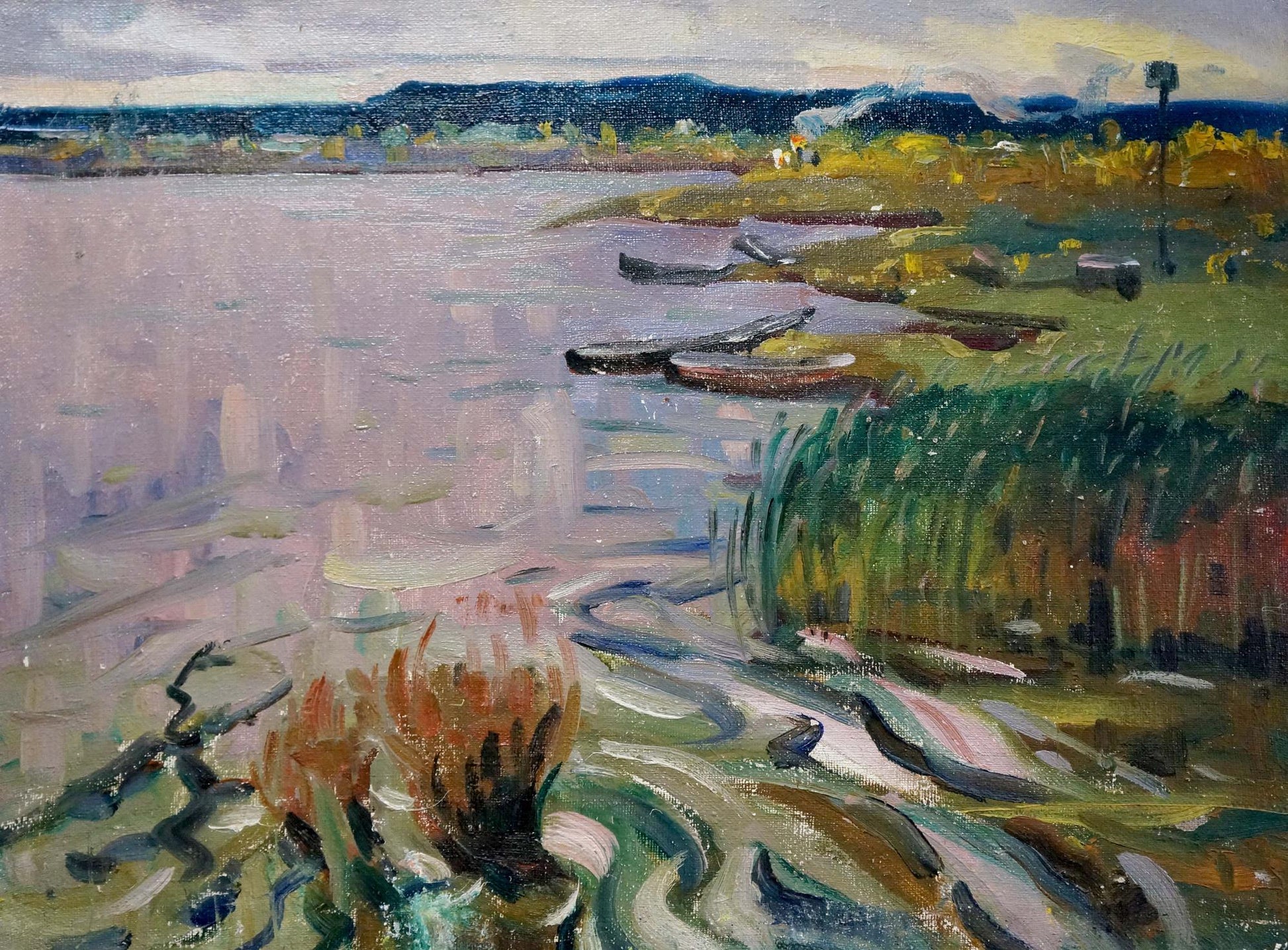 Impressionistic oil painting of moored boats on tranquil riverbank