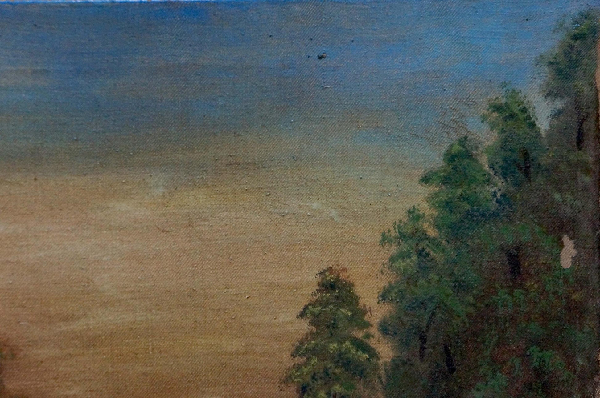 Serene oil painting of lush green trees under gradient blue-beige sky by unknown artist