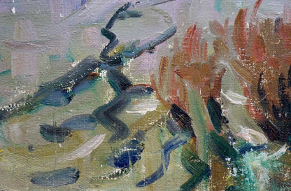 Abstract oil painting of moored boats on river in blue green orange purple
