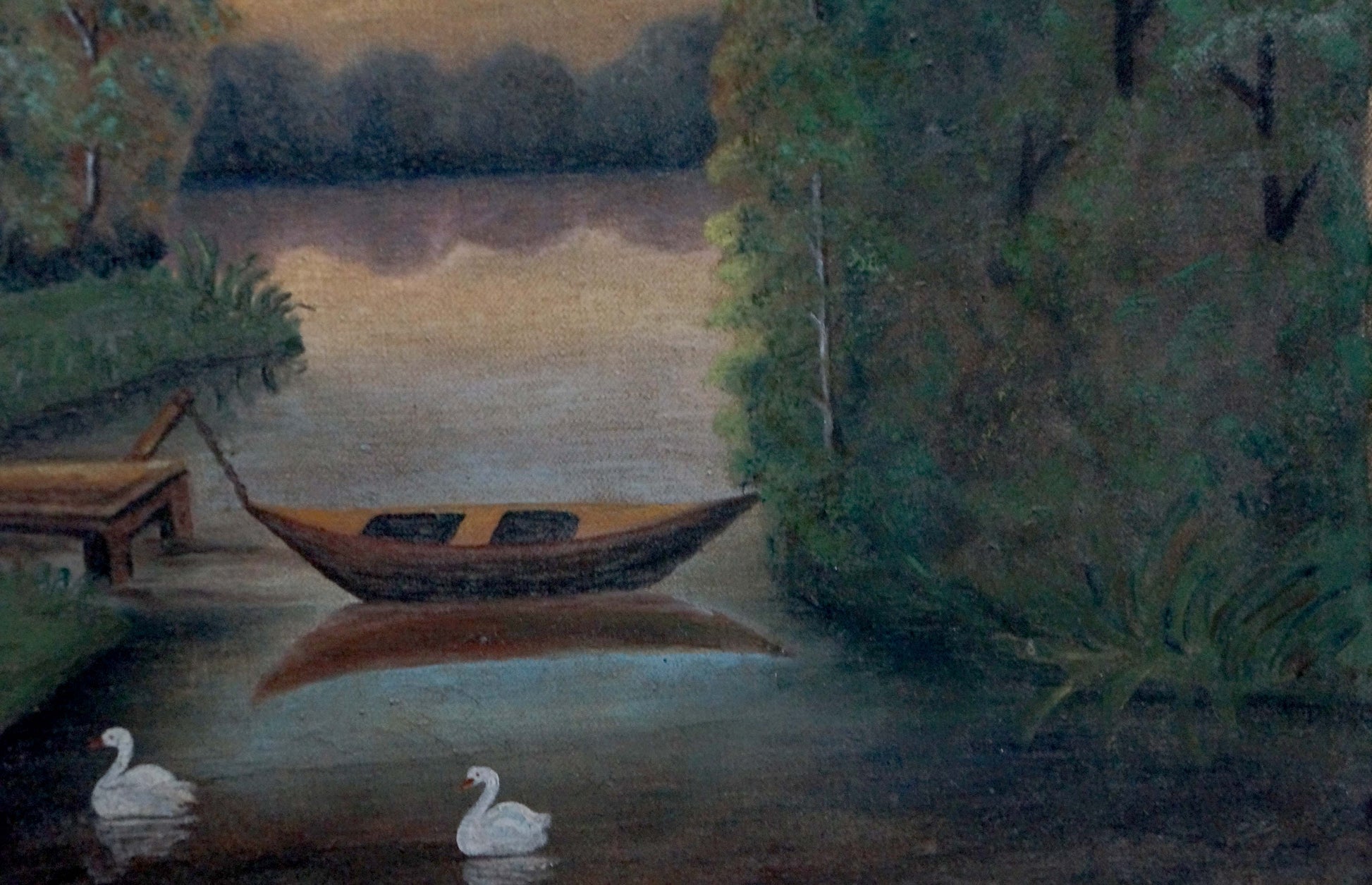 Oil painting of wooden rowboat on calm water by dock, unknown artist
