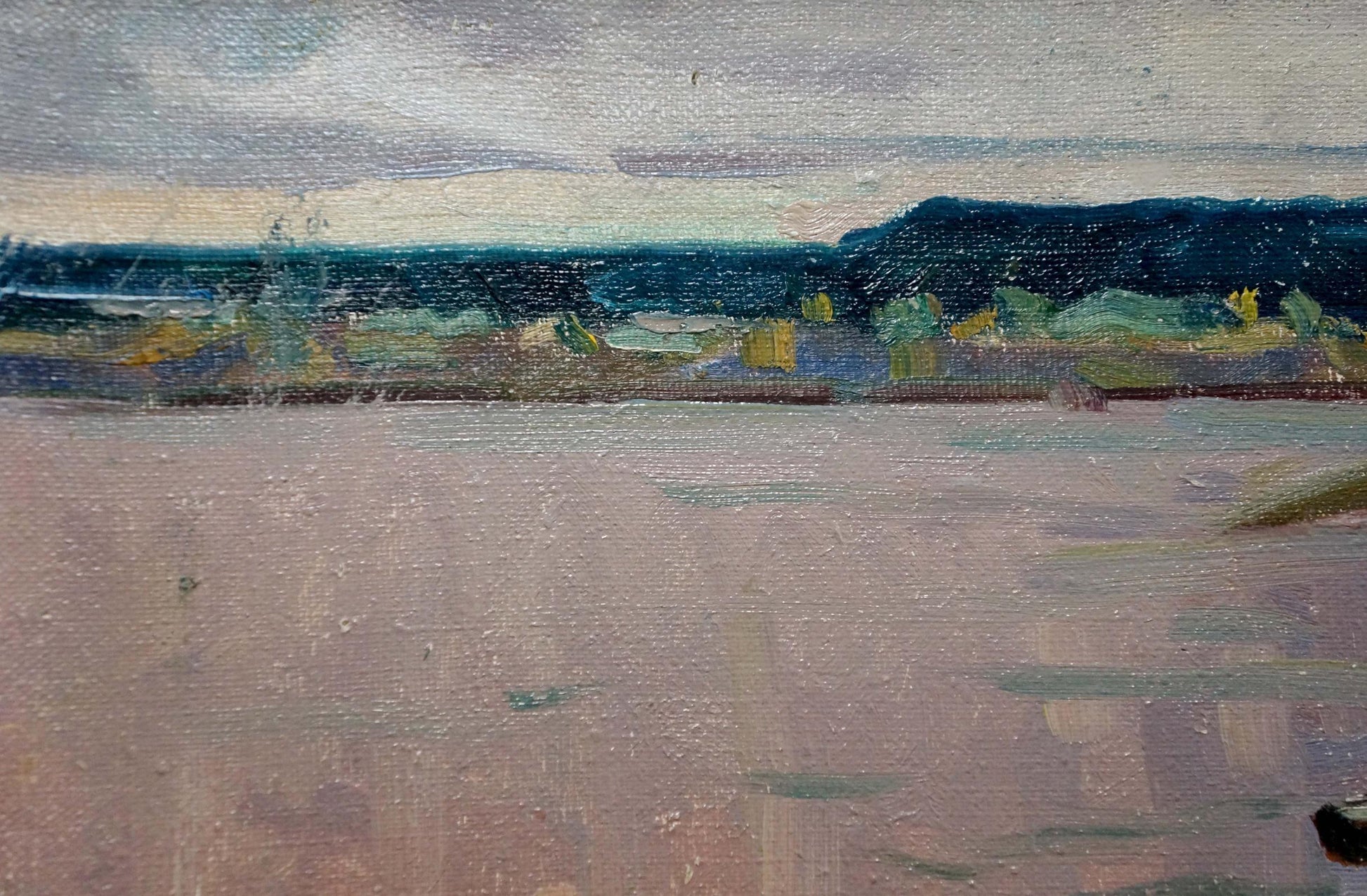 Textured oil painting of moored boats on river in muted pinks, blues, greens
