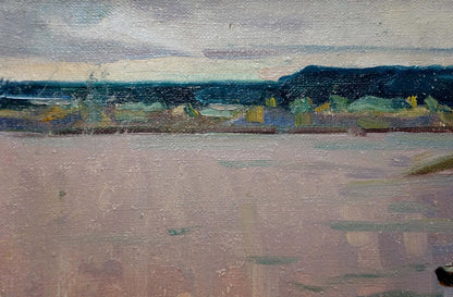 Textured oil painting of moored boats on river in muted pinks, blues, greens