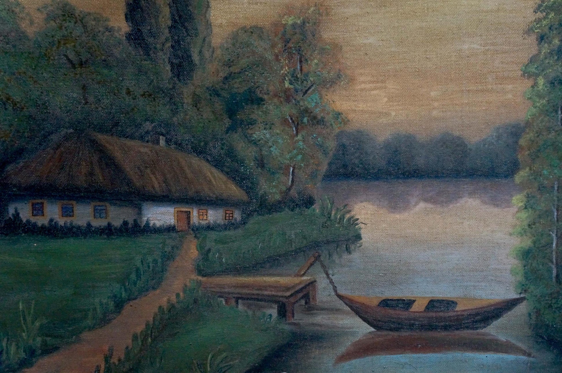 Oil painting of rustic thatched cottage by river, unknown artist
