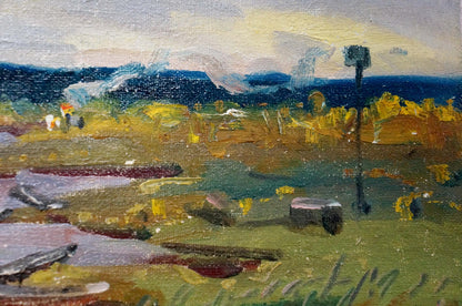 Impressionistic oil painting of moored boats on river with textured earthy brushstrokes