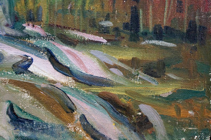 Abstract oil painting of moored boats on river in earthy greens and browns