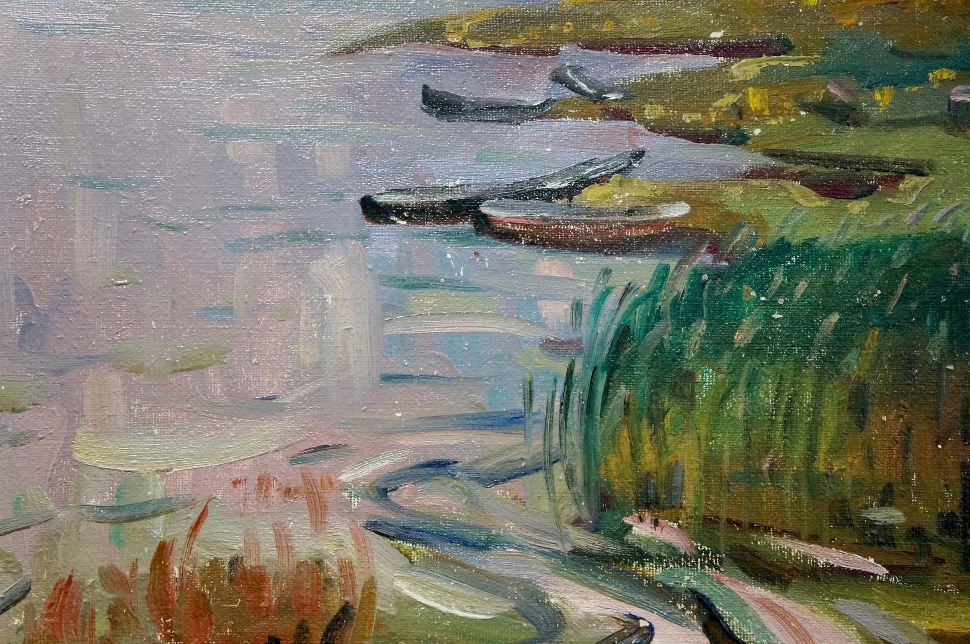 Oil painting of moored boats on river by unknown artist