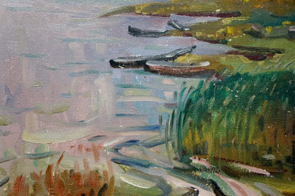 Oil painting of moored boats on river by unknown artist