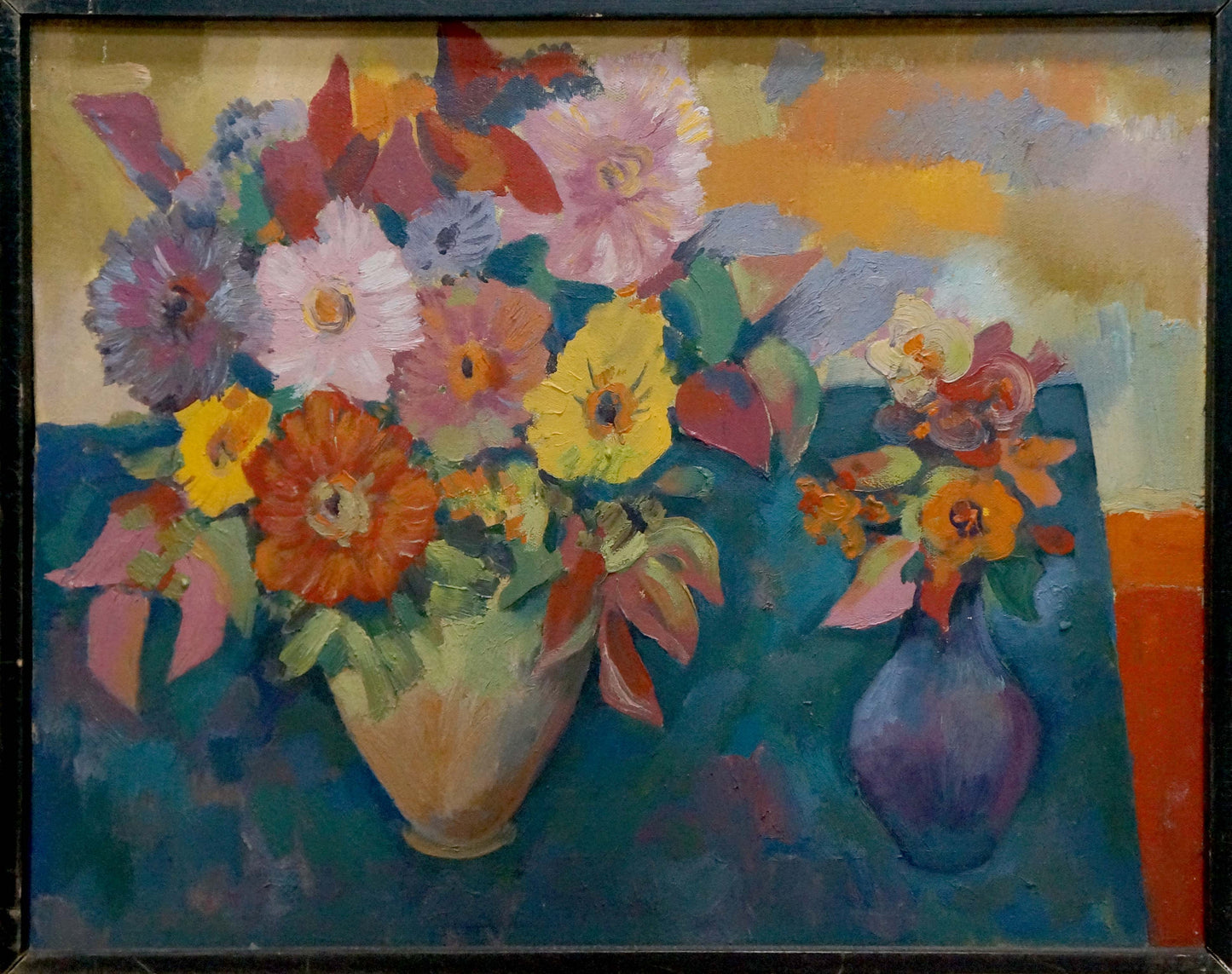 Vibrant impressionistic oil painting of colorful flowers in vases on blue canvas by Evgeny Fedko
