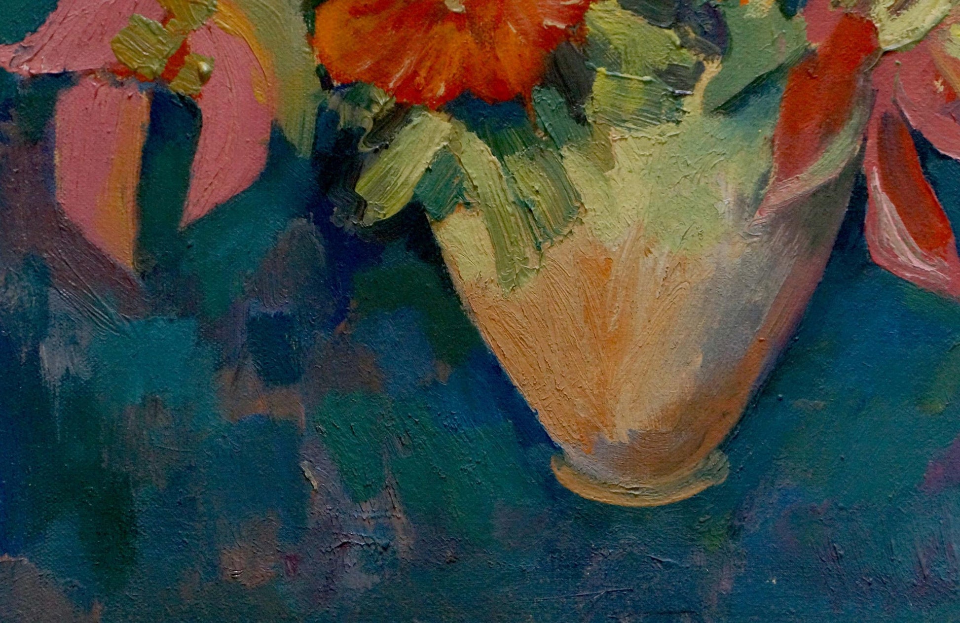 Oil painting of vibrant orange pink flowers in textured ceramic vase on blue canvas by Evgeny Fedko
