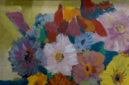 Vibrant oil painting of colorful flowers on blue canvas by Evgeny Fedko
