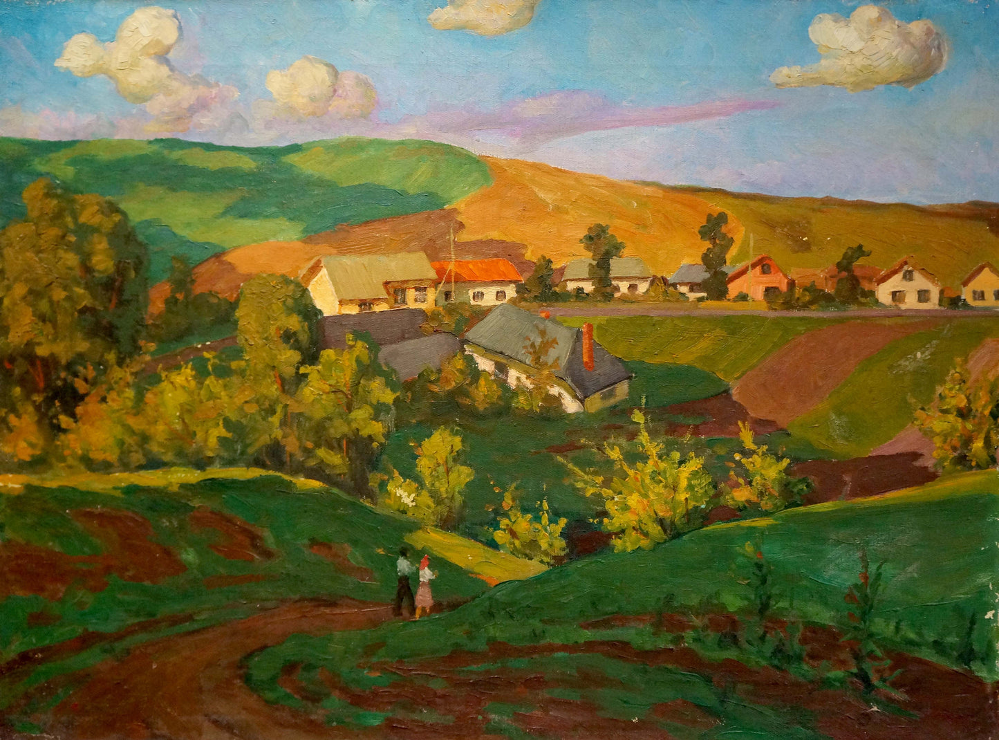 Vibrant oil painting of village life in fields among green hills, unknown artist