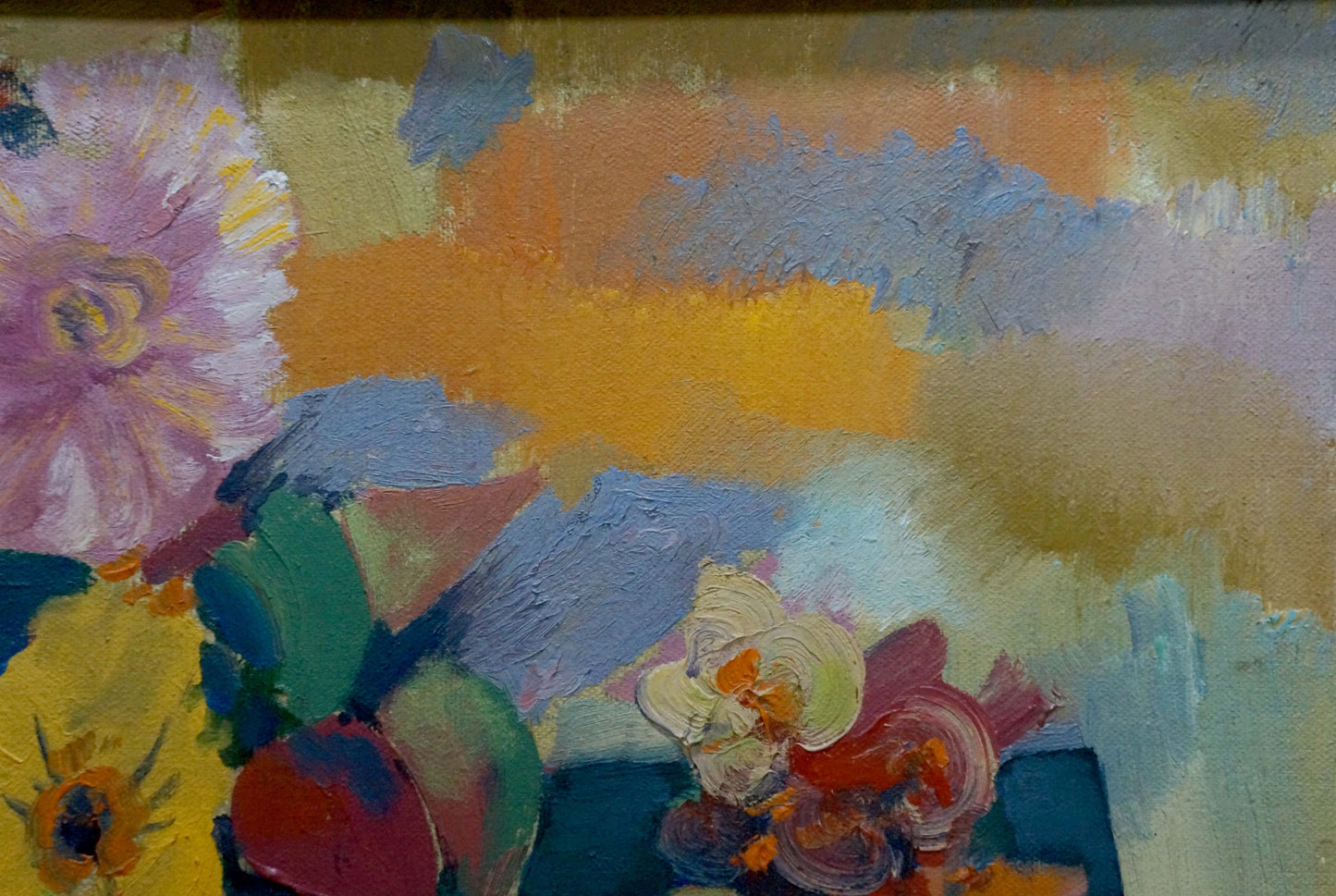 Vibrant oil painting of flowers on blue canvas by Evgeny Fedko