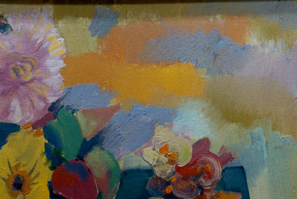 Vibrant oil painting of flowers on blue canvas by Evgeny Fedko