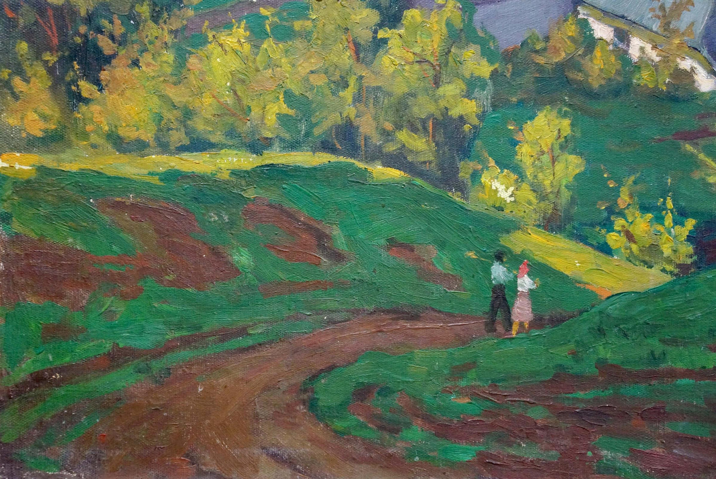 Vibrant oil painting of village life: path through green hills, figures walking