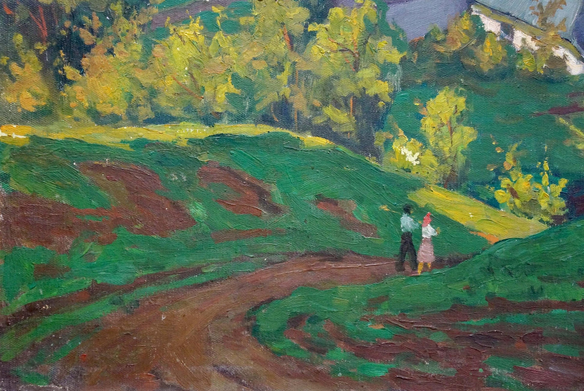 Vibrant oil painting of village life: path through green hills, figures walking
