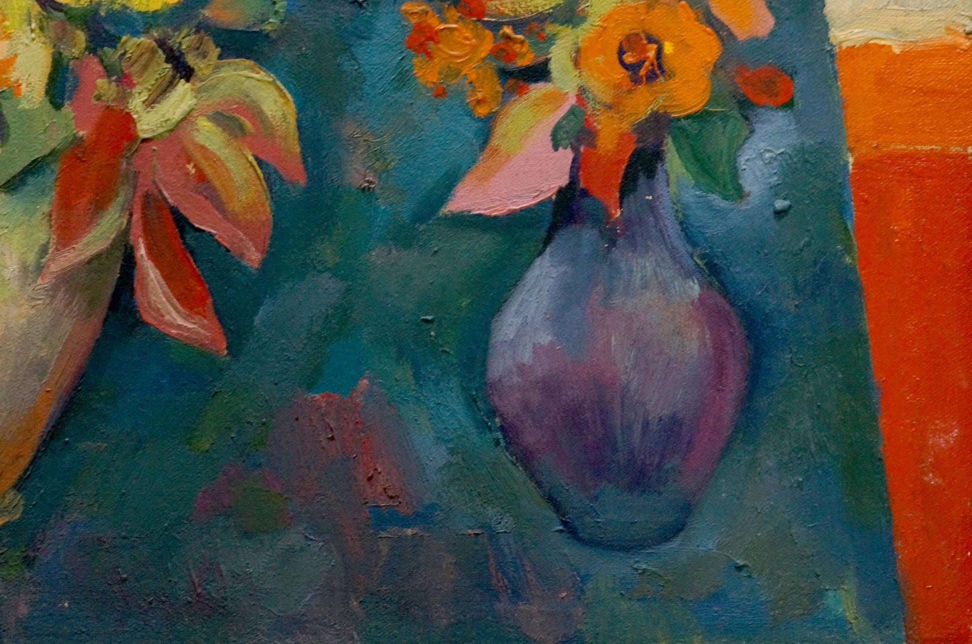 Oil painting of purple vase with orange pink flowers on teal canvas by Evgeny Fedko